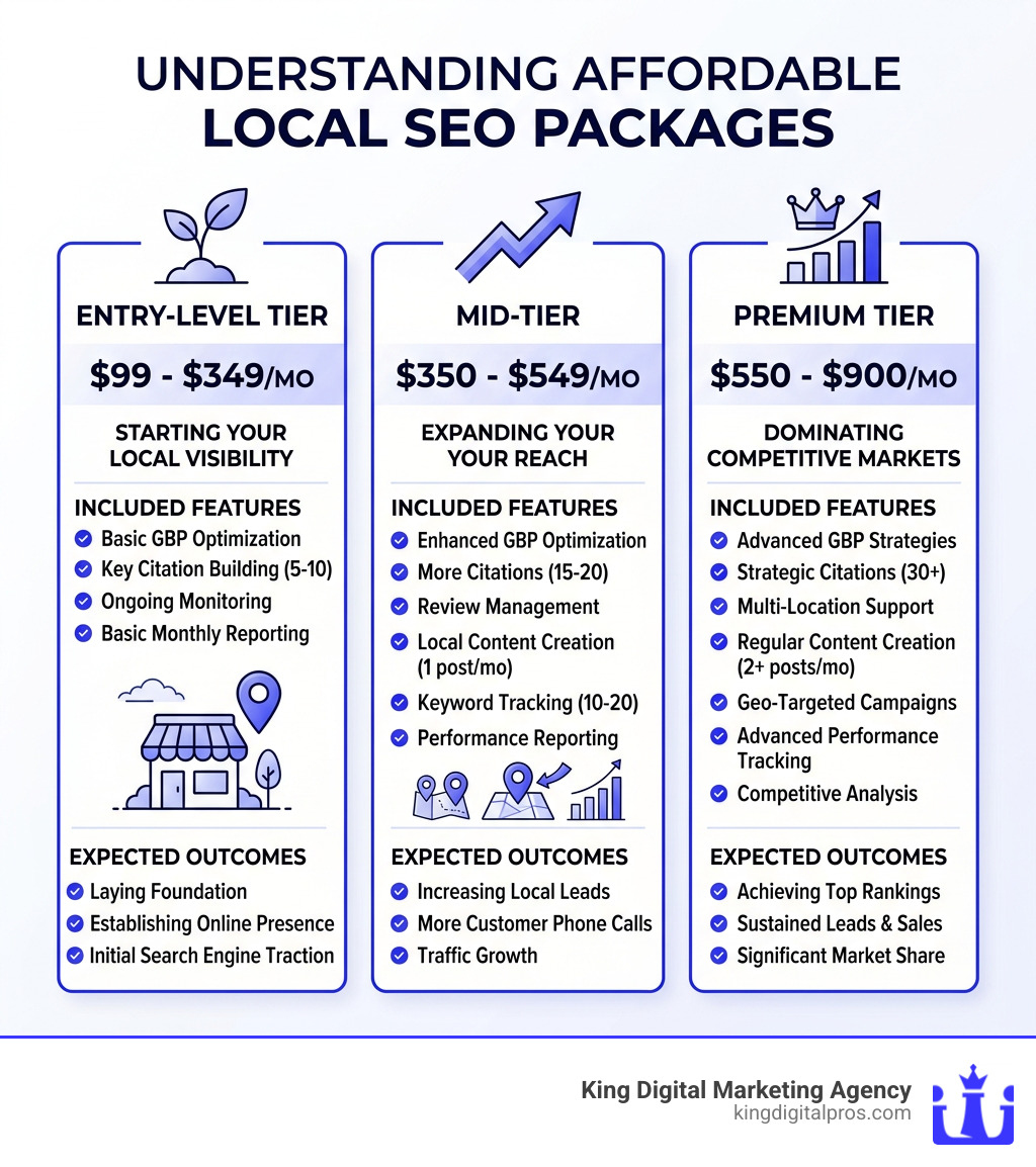 infographic showing local SEO package tiers, included features, pricing ranges, and expected outcomes - affordable local seo Infographic Showing Local Seo Package Tiers, Included Features, Pricing Ranges, And Expected Outcomes - Affordable Local Seo