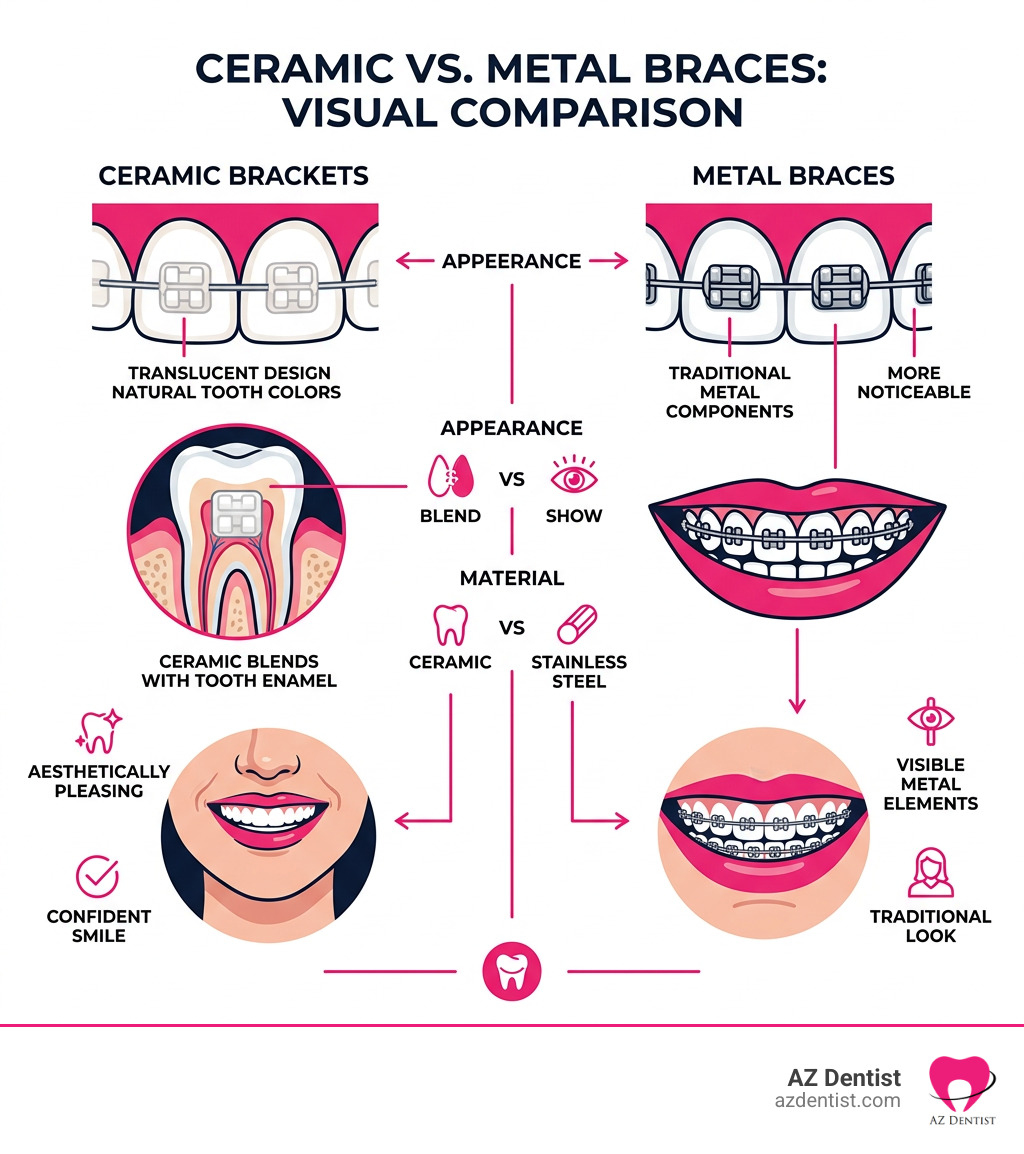 Infographic showing how ceramic brackets blend with natural tooth enamel compared to metal braces - Ceramic braces