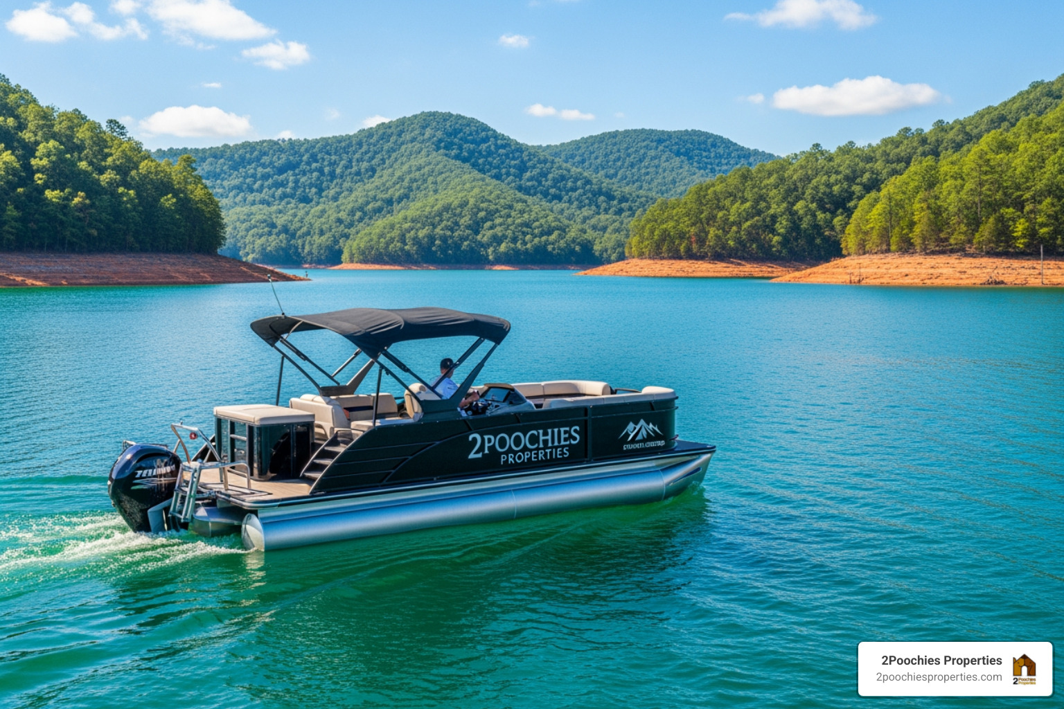 A luxury tritoon boat with the 2Poochies Properties logo cruising on Smith Lake - boat rental smith lake alabama