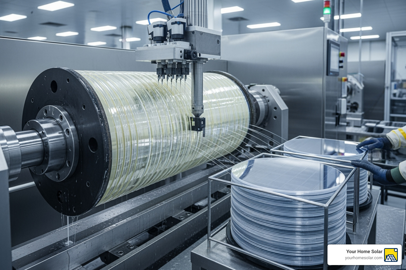 silicon ingots being sliced into thin wafers for solar cells - solar panel assembly process silicon ingots being sliced into thin wafers for solar cells - solar panel assembly process