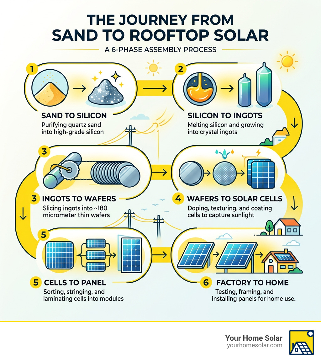 6-phase journey from sand to finished solar panel rooftop infographic - solar panel assembly process infographic 6-phase journey from sand to finished solar panel rooftop infographic - solar panel assembly process infographic