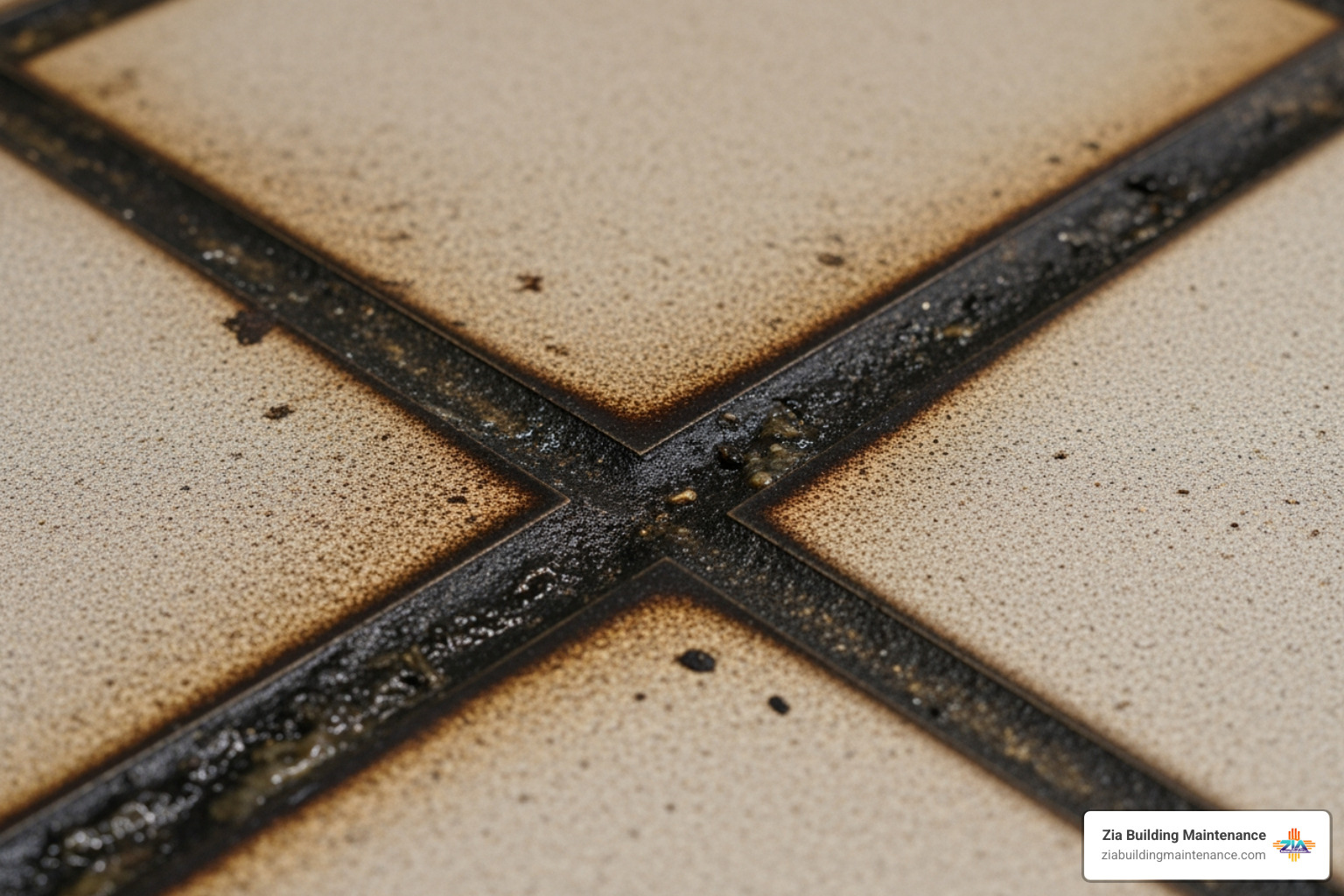 Close up of discolored grout lines in a commercial kitchen showing grease buildup - tile grout cleaning albuquerque Close up of discolored grout lines in a commercial kitchen showing grease buildup - tile grout cleaning albuquerque