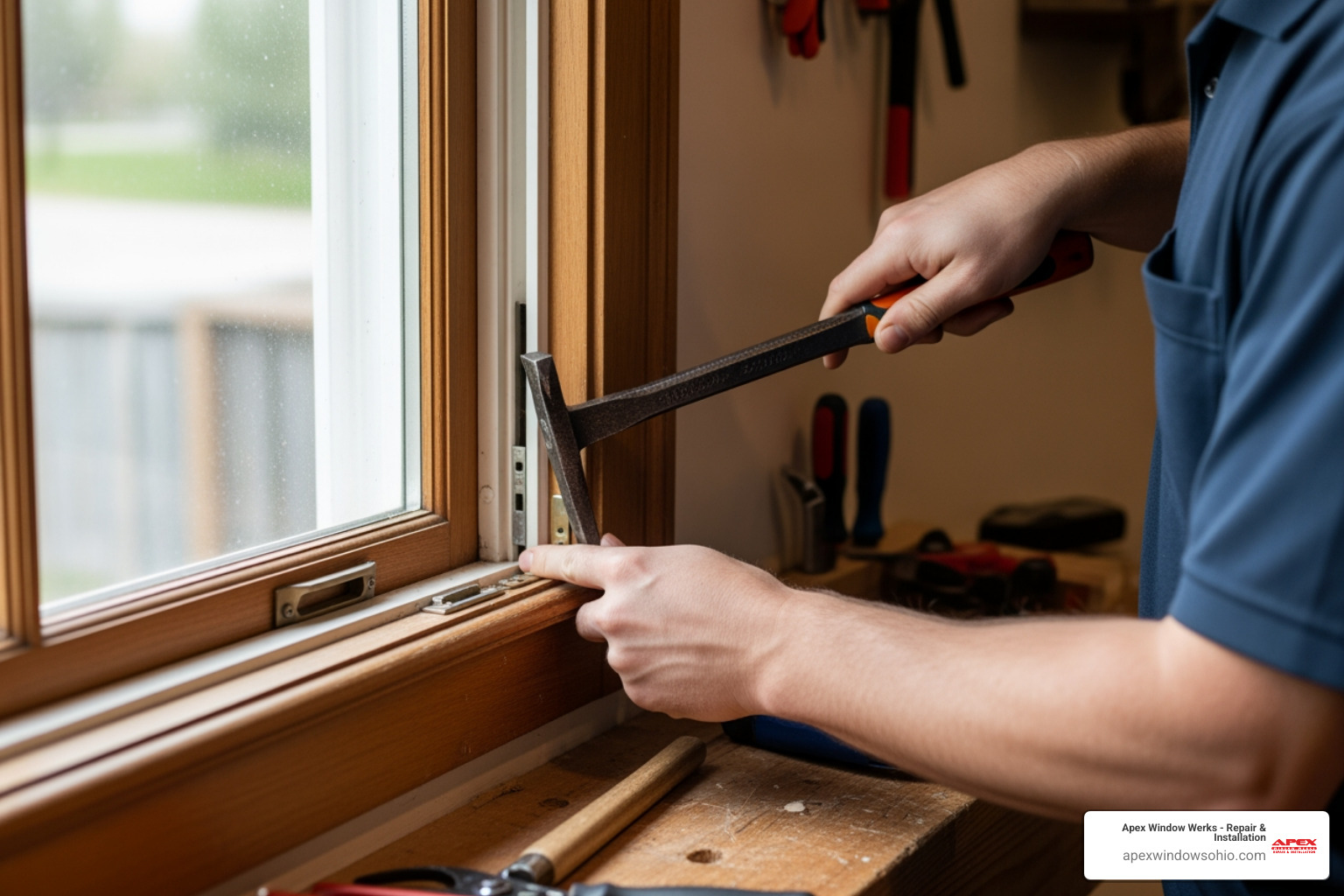 Technician removing a window stop with a pry bar - restore a sash