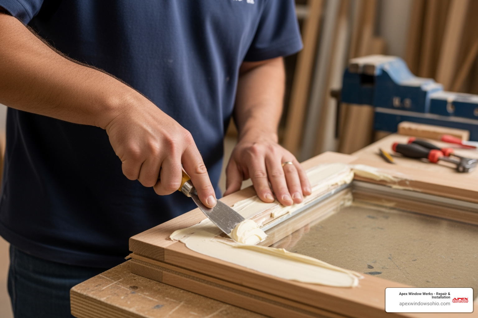 Glazier applying putty at a 45-degree angle with a knife - restore a sash
