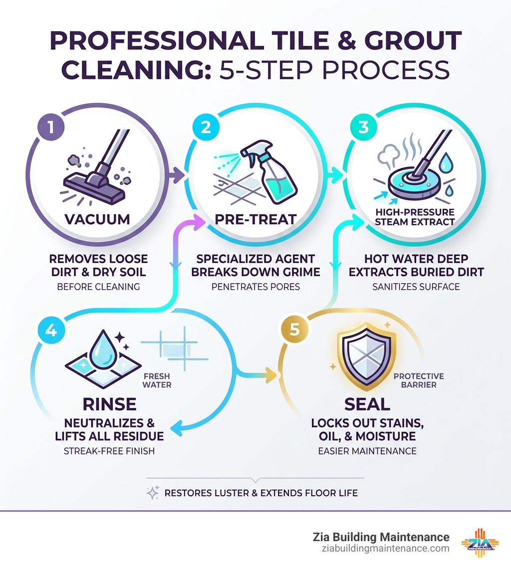 Infographic showing the 5-step professional tile grout cleaning process: vacuum, pre-treat, high-pressure steam extract Infographic showing the 5-step professional tile grout cleaning process: vacuum, pre-treat, high-pressure steam extract