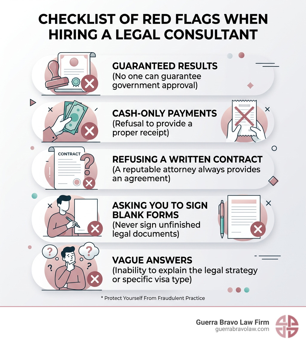 Checklist of red flags when hiring a legal consultant - find immigration attorney infographic Checklist of red flags when hiring a legal consultant - find immigration attorney infographic