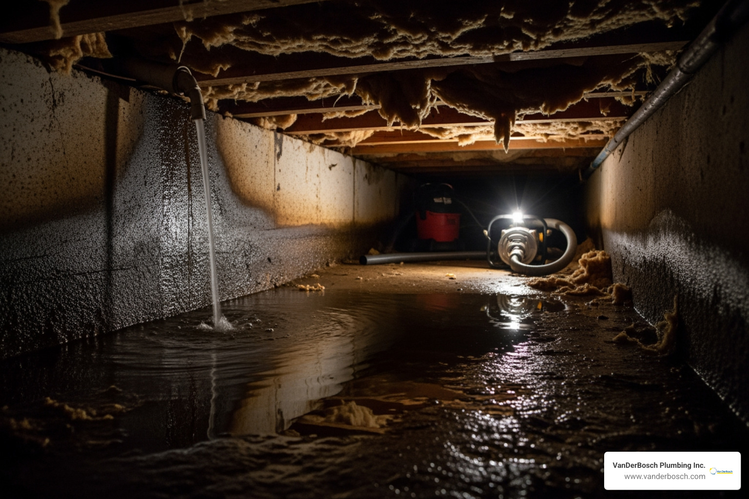 Leaking PEX pipe with pinprick spray in a dark crawl space - Crawl space leak Leaking PEX pipe with pinprick spray in a dark crawl space - Crawl space leak