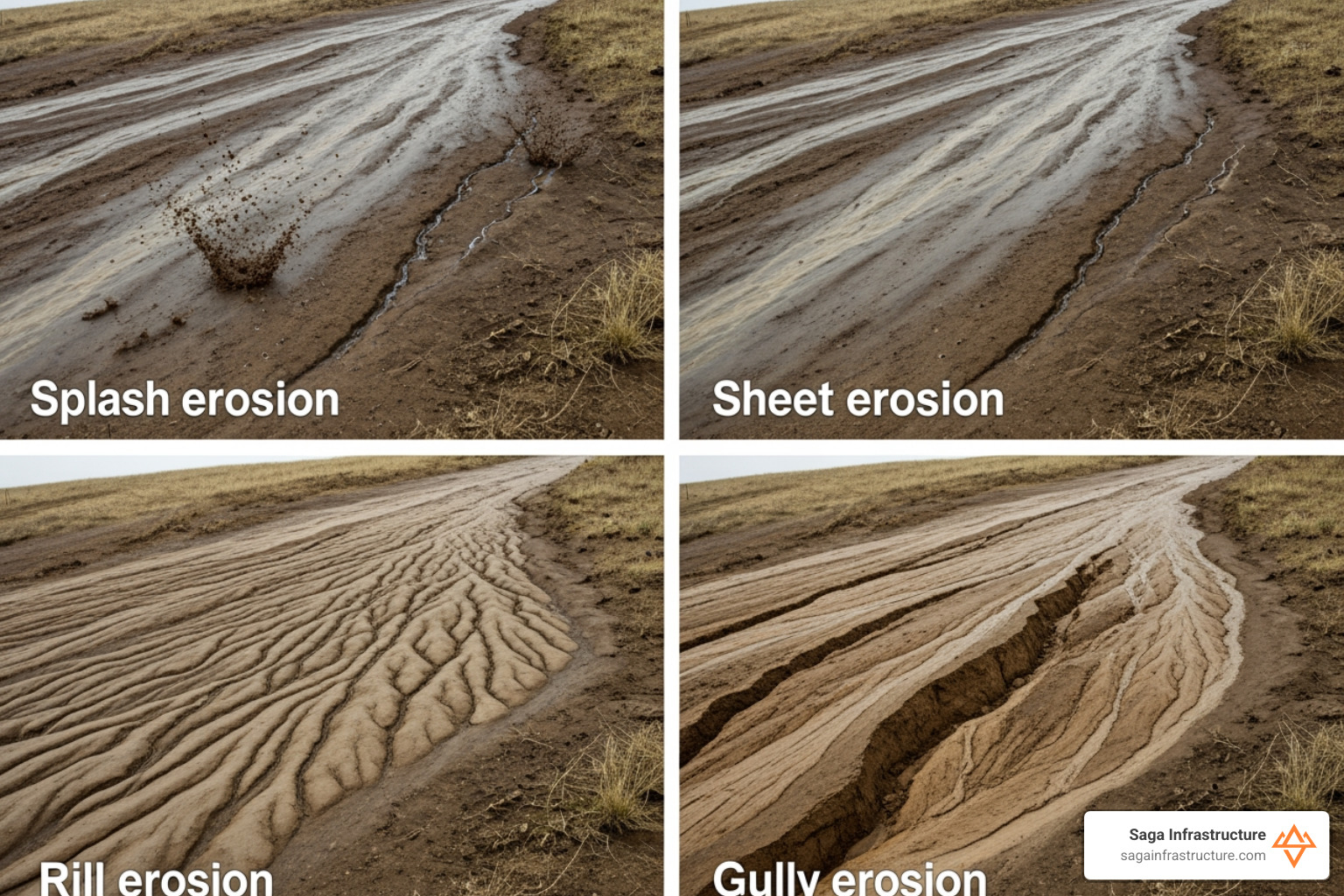 different types of water erosion from splash to gully formation - erosion control solutions