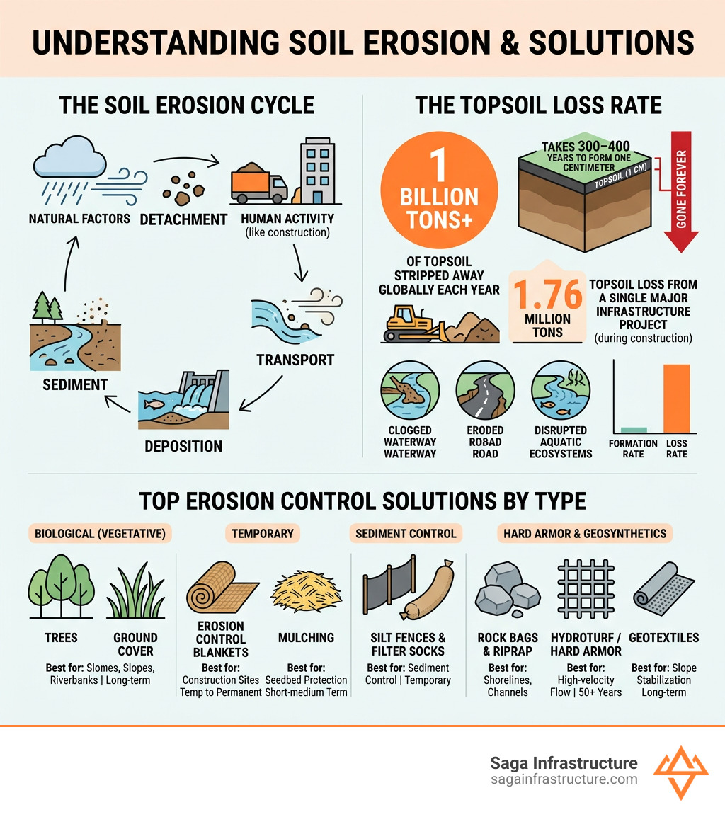 Infographic showing the soil erosion cycle, topsoil loss rate, and top erosion control solutions by type - erosion control