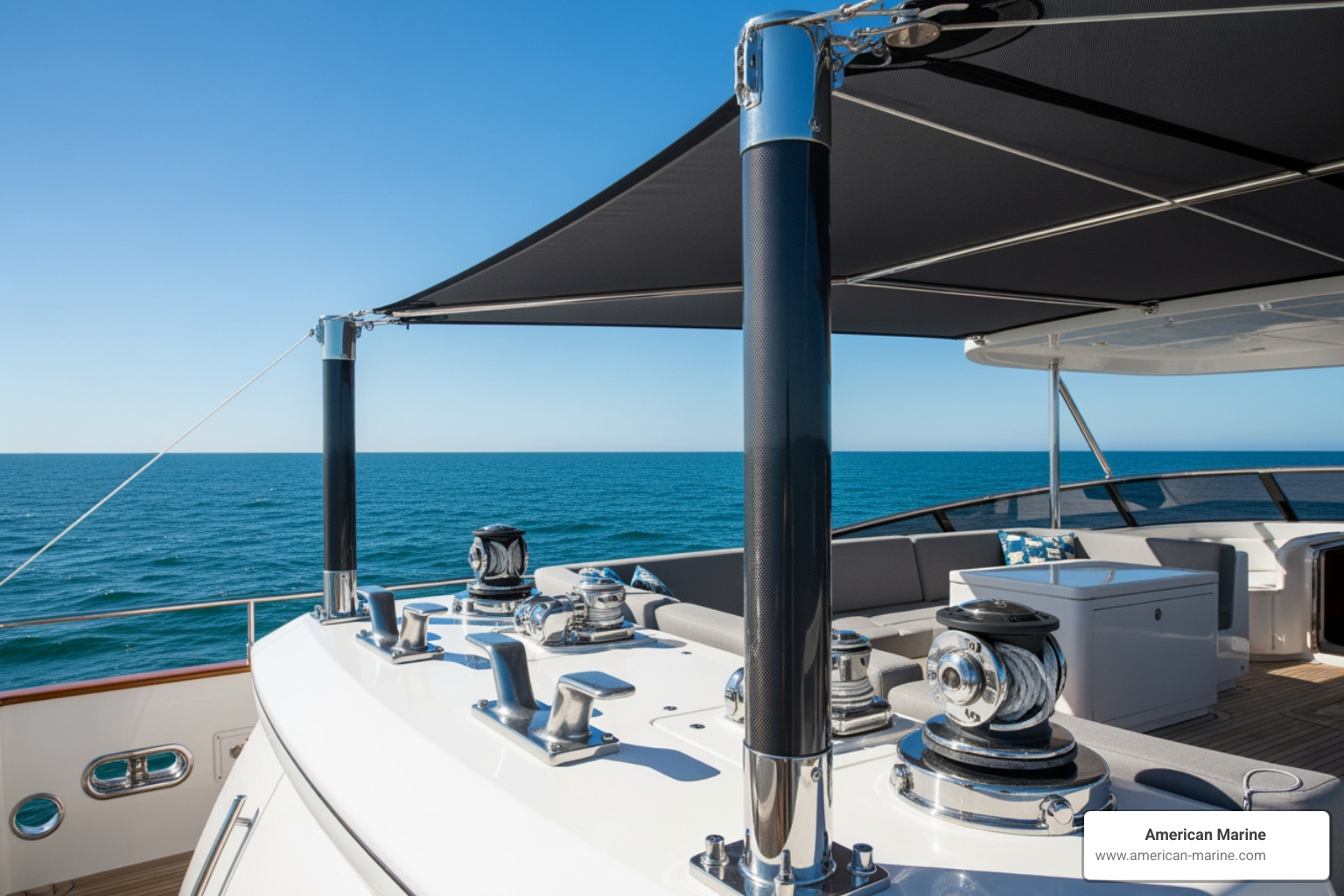 Carbon fiber support poles secured in heavy-duty stainless steel deck mounts on a motor yacht - boat shade ideas Carbon fiber support poles secured in heavy-duty stainless steel deck mounts on a motor yacht - boat shade ideas