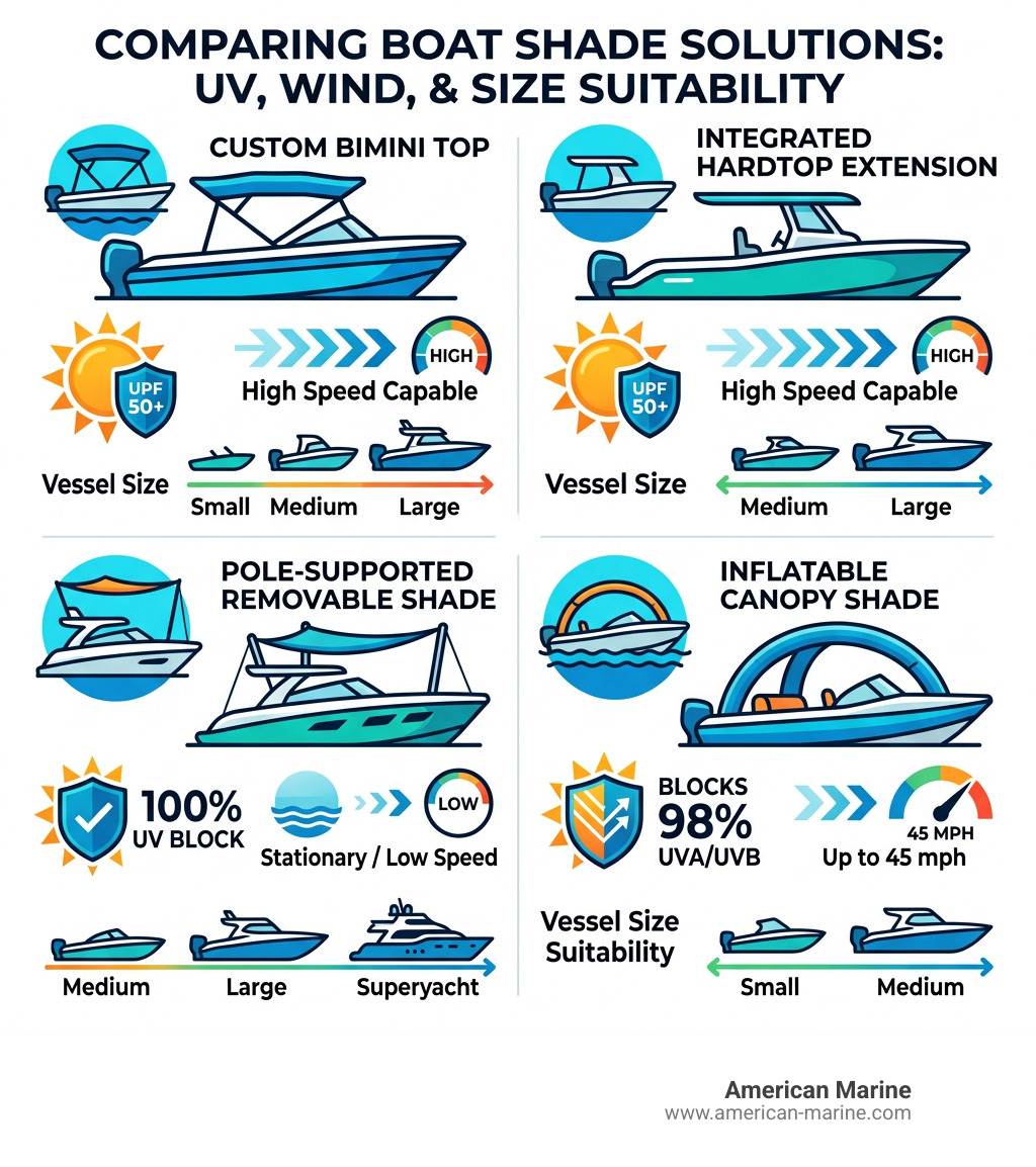 Infographic comparing boat shade types by UV protection, wind resistance, and vessel size suitability - boat shade ideas Infographic comparing boat shade types by UV protection, wind resistance, and vessel size suitability - boat shade ideas