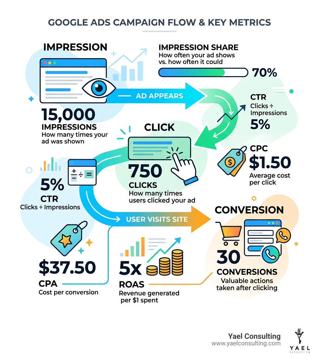 Infographic showing the flow from Impression to Click to Conversion in Google Ads with key metrics at each stage - google Infographic showing the flow from Impression to Click to Conversion in Google Ads with key metrics at each stage - google