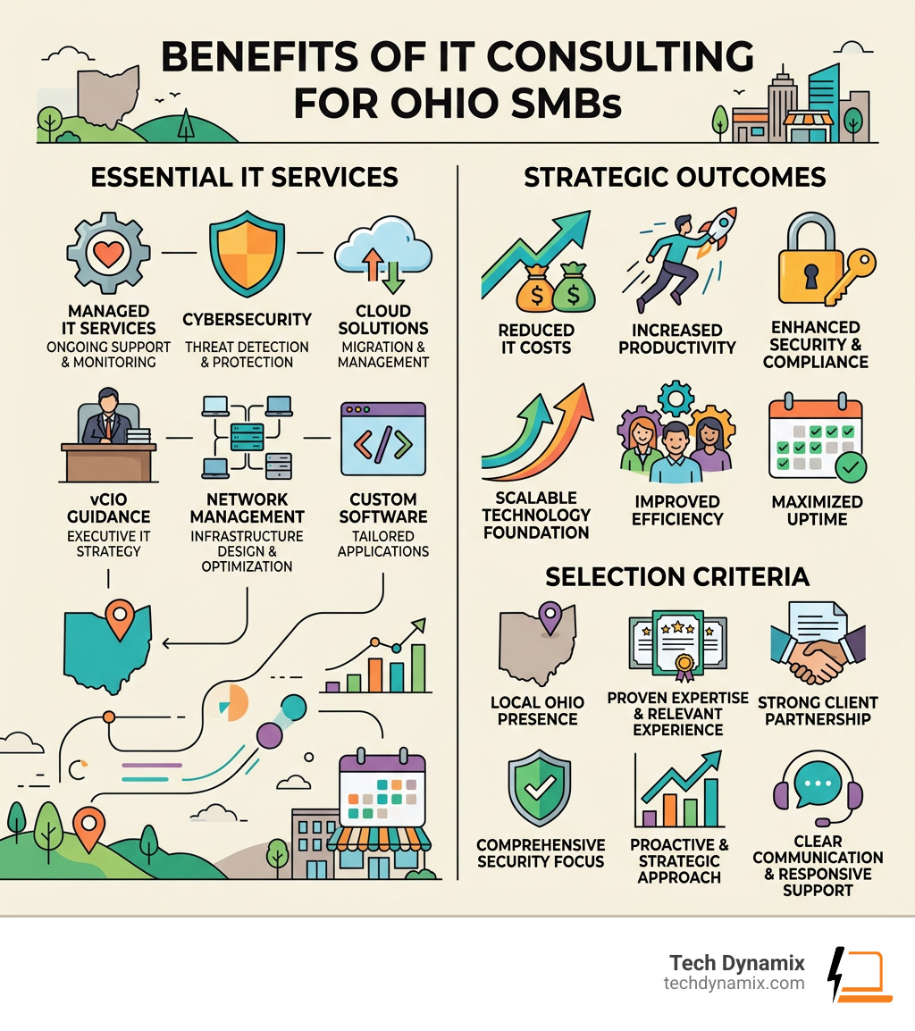 Benefits of IT consulting for Ohio SMBs infographic showing services, outcomes, and selection criteria - Ohio IT consulting