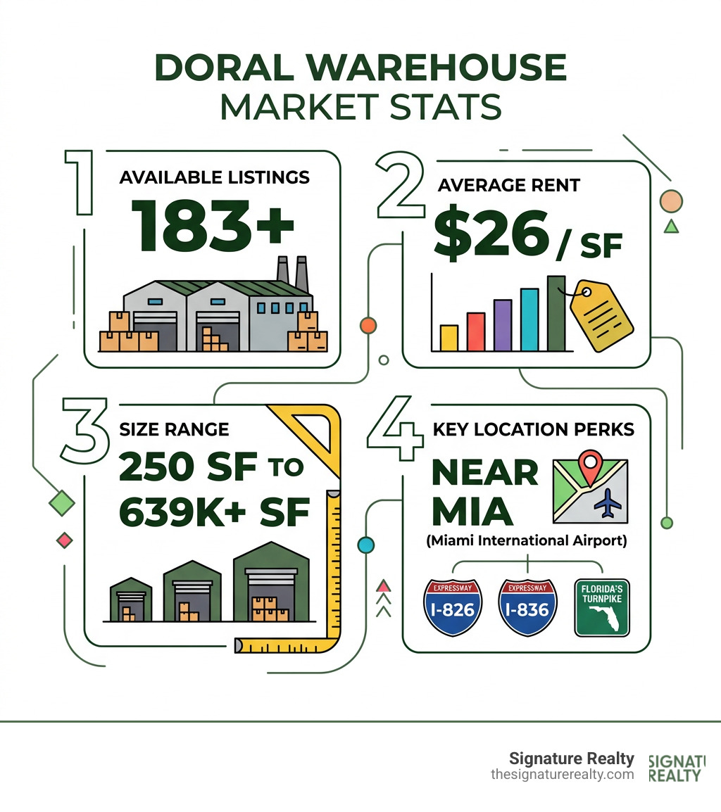 Infographic showing Doral warehouse market stats: 183 listings, $26/SF avg rent, sizes 250SF to 639K SF, near MIA Infographic showing Doral warehouse market stats: 183 listings, $26/SF avg rent, sizes 250SF to 639K SF, near MIA