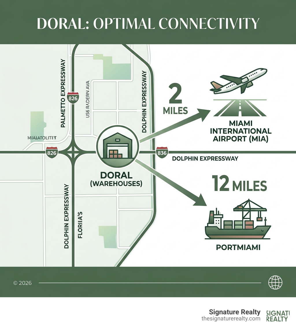Doral proximity to major transport hubs: 2 miles to MIA, 12 miles to PortMiami - warehouse for rent in doral fl infographic Doral proximity to major transport hubs: 2 miles to MIA, 12 miles to PortMiami - warehouse for rent in doral fl infographic