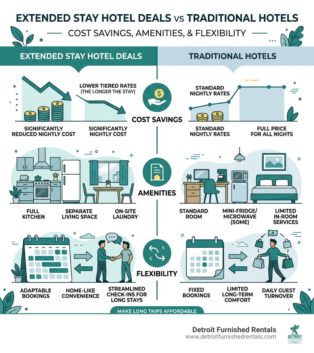 Infographic comparing extended stay hotel deals vs traditional hotels: cost savings, amenities, and flexibility - extended