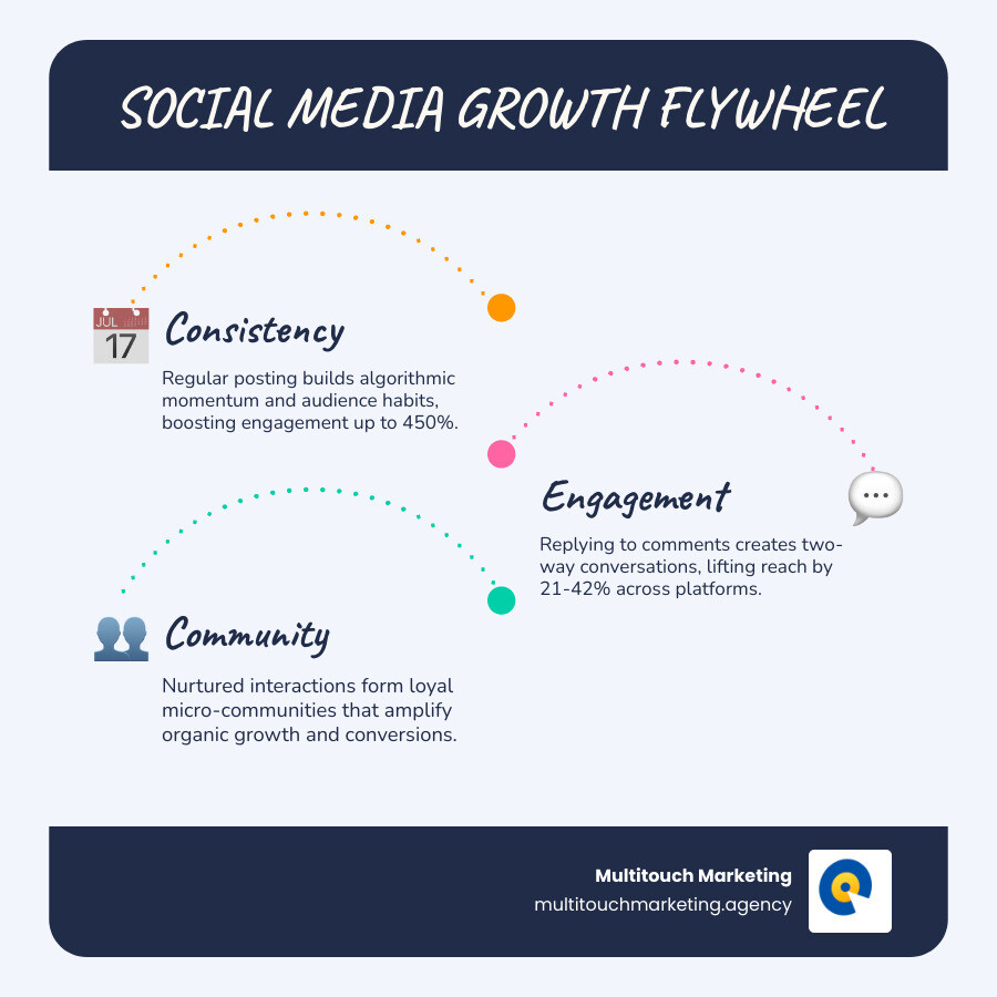 Social media growth flywheel infographic showing consistency, engagement, content, and community - social media growth Social media growth flywheel infographic showing consistency, engagement, content, and community - social media growth