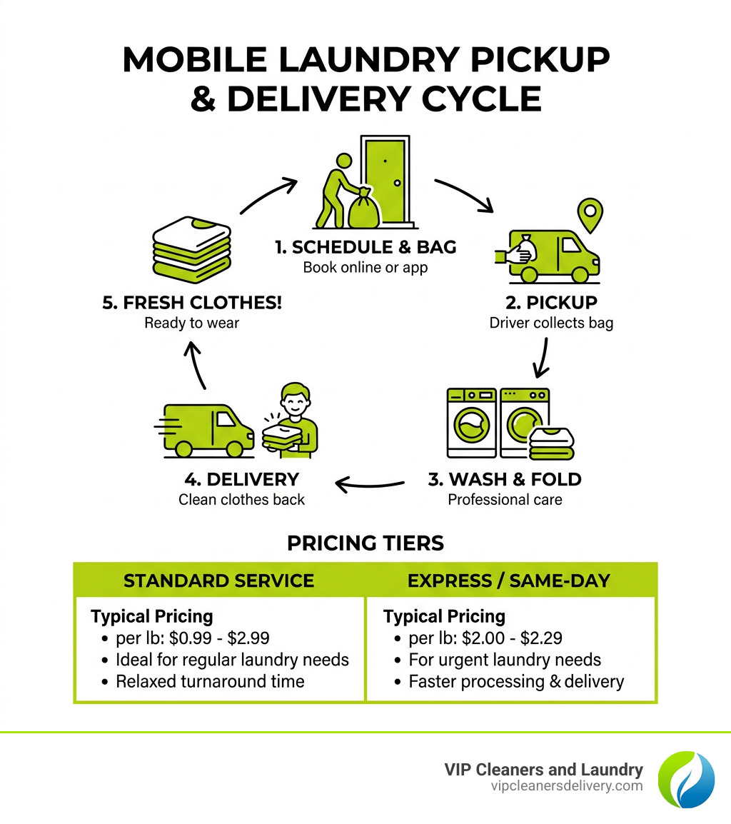 Infographic showing mobile laundry pickup and delivery cycle with pricing tiers from standard to express - mobile laundry