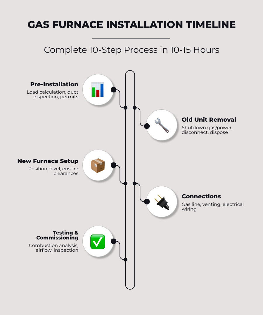 10-step gas furnace installation timeline infographic from assessment to final inspection - Gas furnace installation