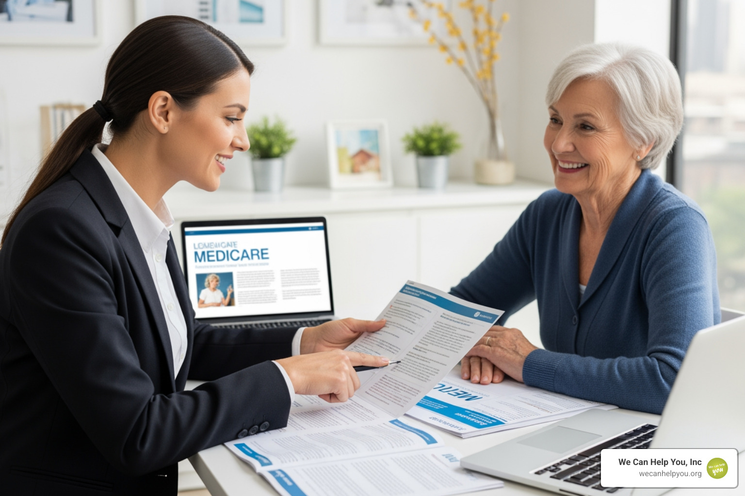 Licensed insurance agent assisting a senior with Medicare options - Medicare plan advisor