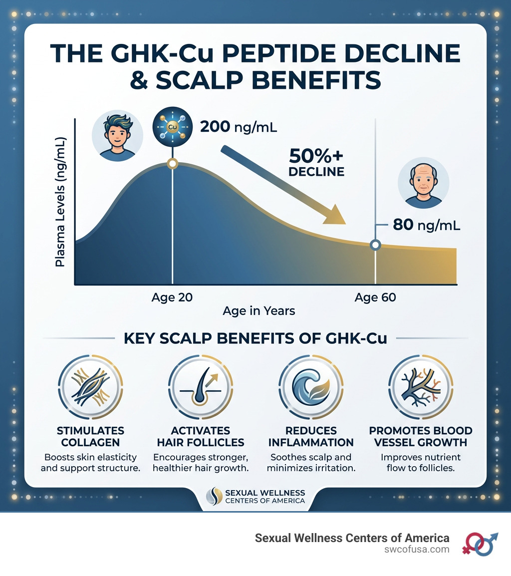 Infographic showing GHK-Cu peptide plasma level decline from 200 ng/mL at age 20 to 80 ng/mL at age 60 with key scalp