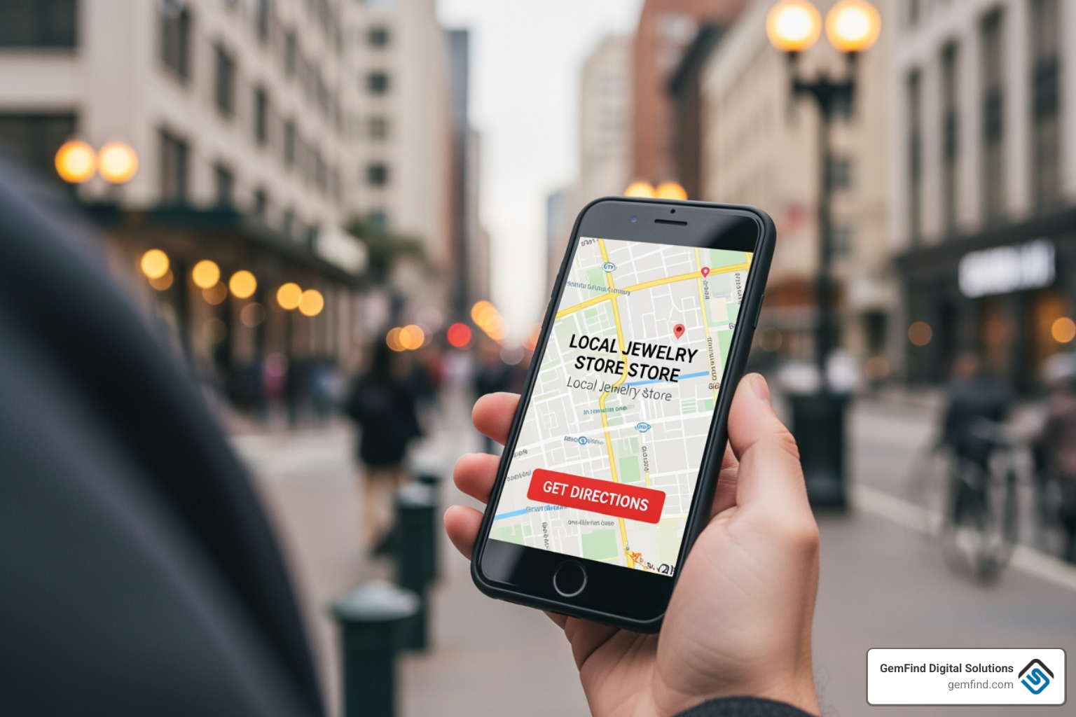 A person holding a smartphone showing a map ad for a local jewelry store with a 'Get Directions' button - Jewelry
