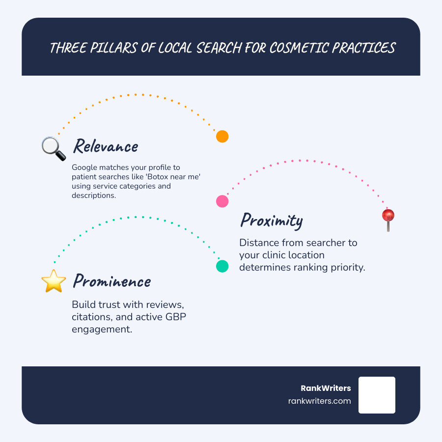 Infographic showing the three pillars of local search for cosmetic practices: relevance, proximity, and prominence with key