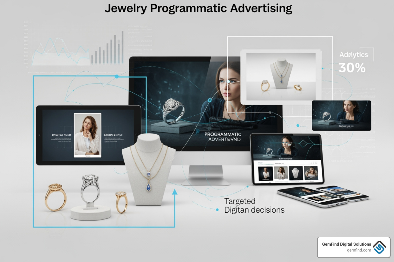 A digital marketing analytics dashboard showing real-time performance metrics, ROAS, and audience heat maps for a jewelry