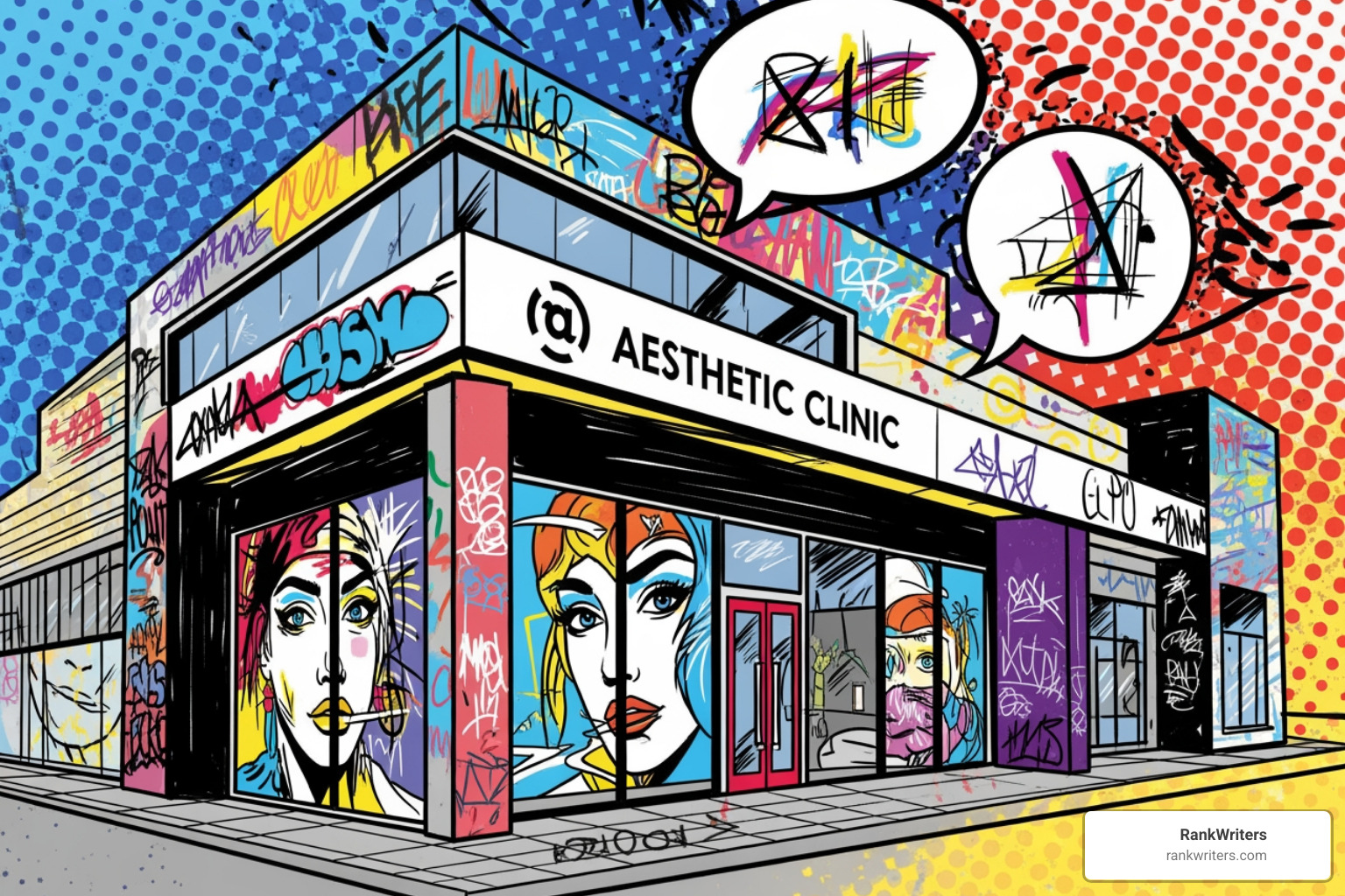 Bold pop art illustration of a modern aesthetic clinic in the style of Jean-Michel Basquiat and Roy Lichtenstein, vibrant