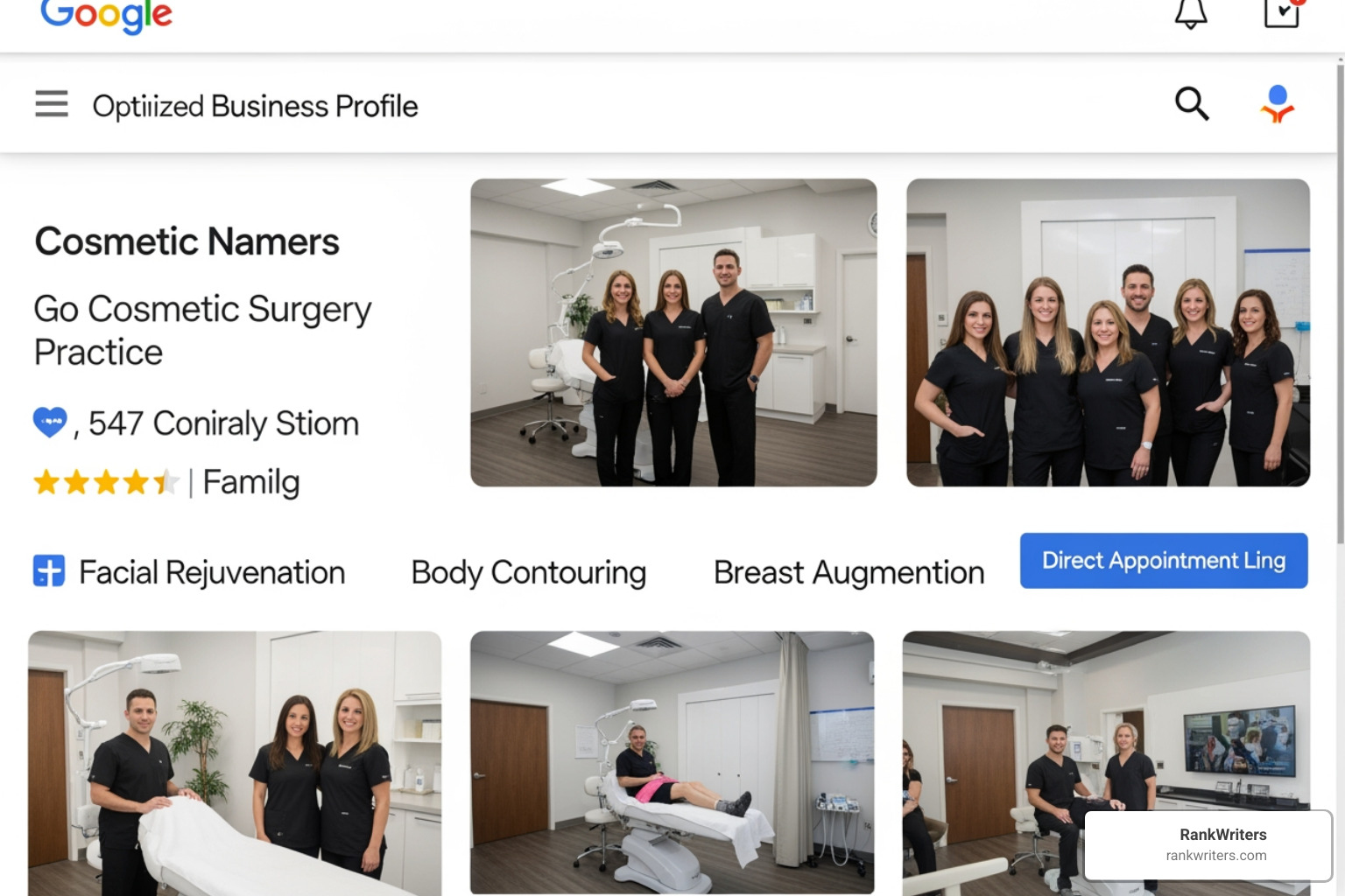 Optimized Google Business Profile knowledge graph for a cosmetic surgery practice showing photos and booking links