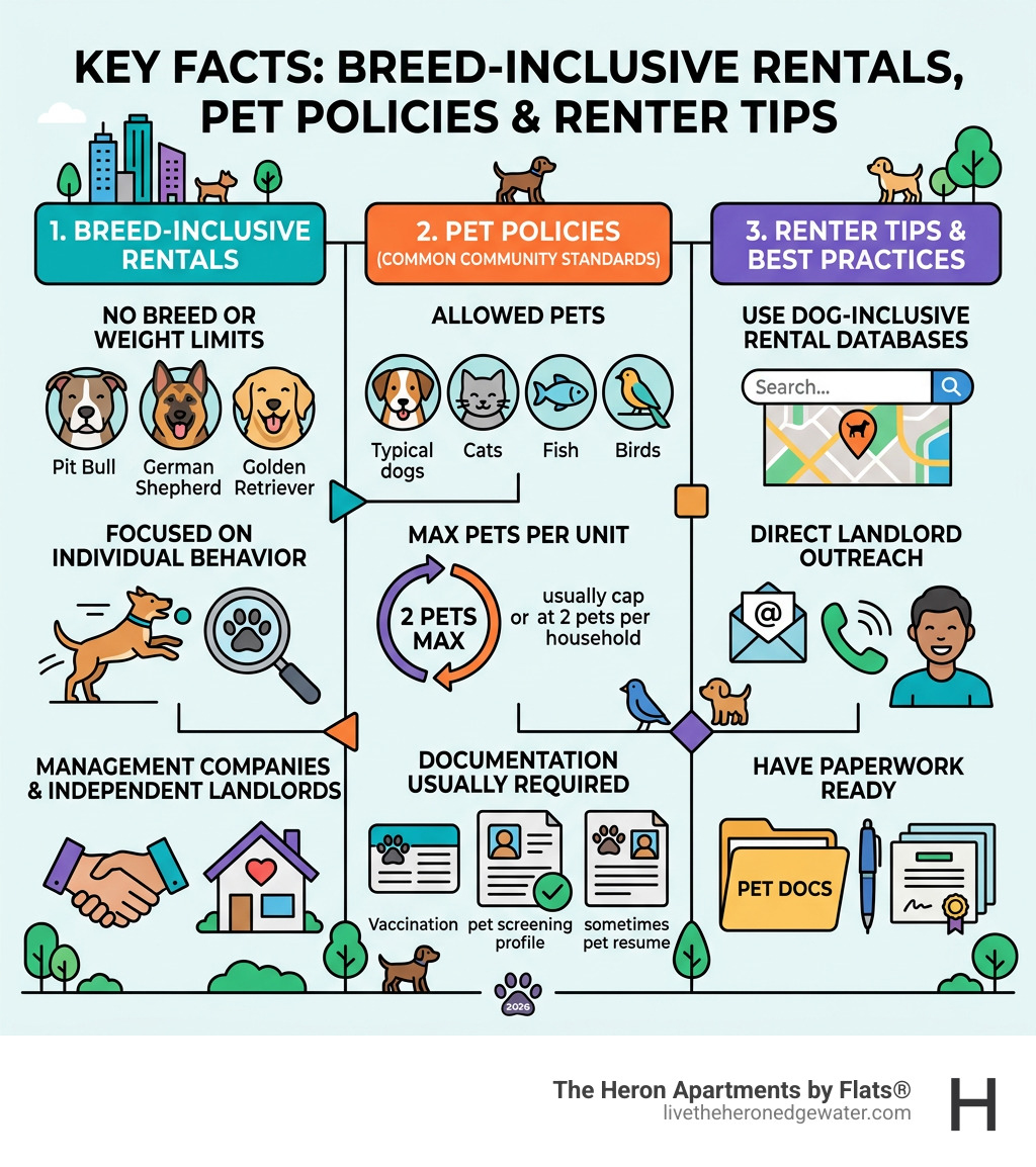 infographic showing key facts about breed-inclusive rentals, pet policies, and renter tips - apartments no breed