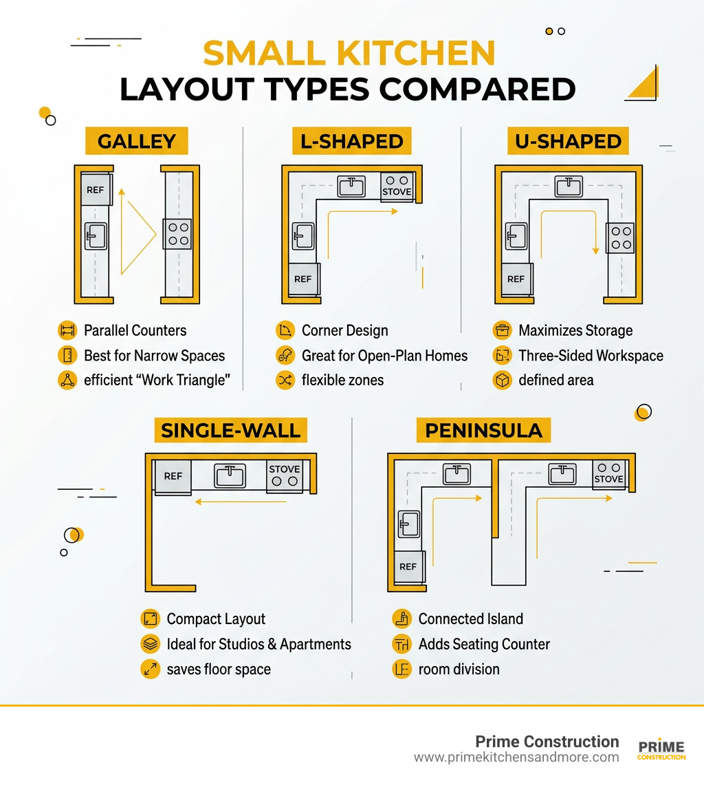 Small kitchen layout types compared: galley, L-shaped, U-shaped, single-wall, peninsula - small kitchen layout ideas