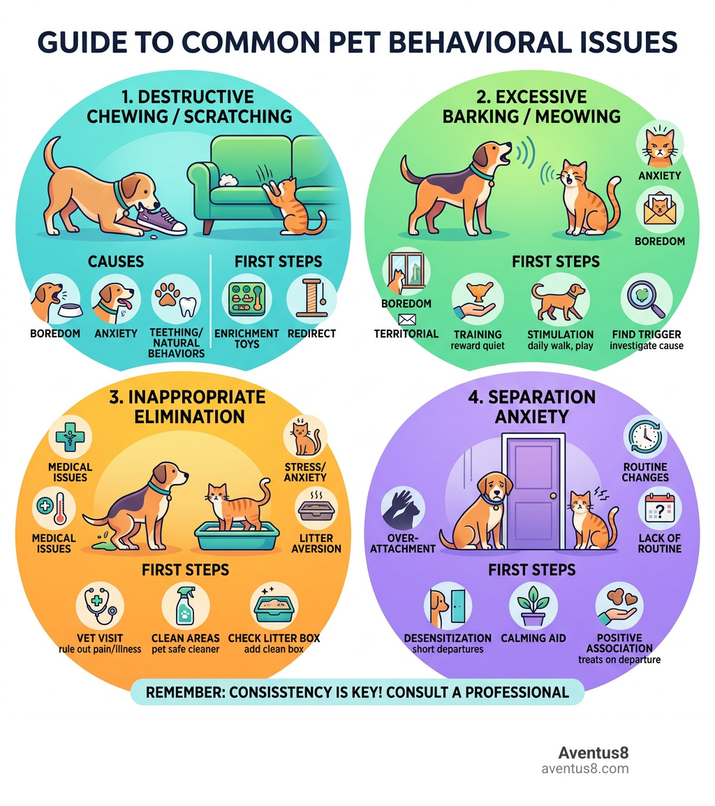 Infographic showing common pet behavioral issues, their causes, and first steps for pet owners - Pet behavioral issues
