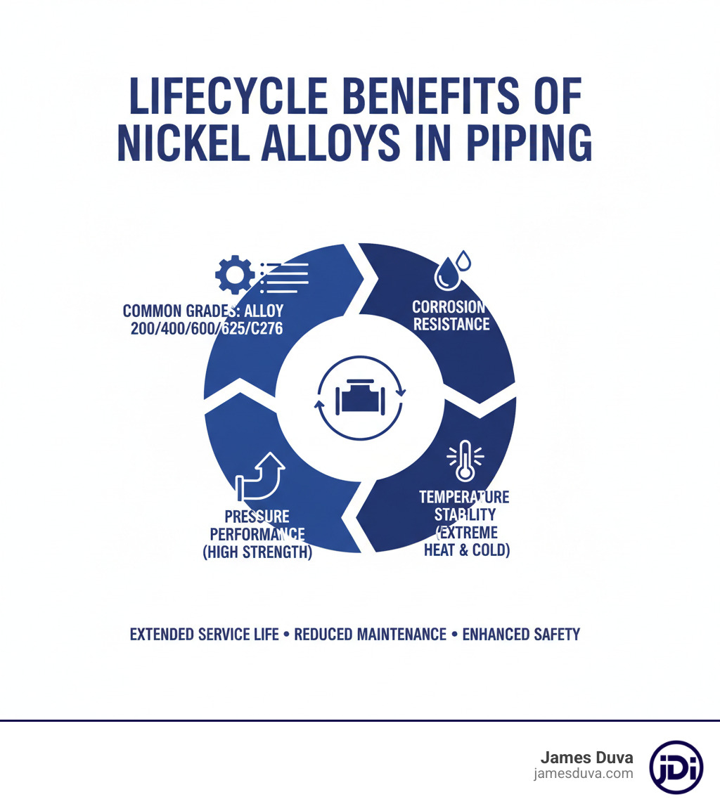Infographic showing lifecycle benefits of nickel alloys in piping: corrosion resistance, temperature stability, pressure