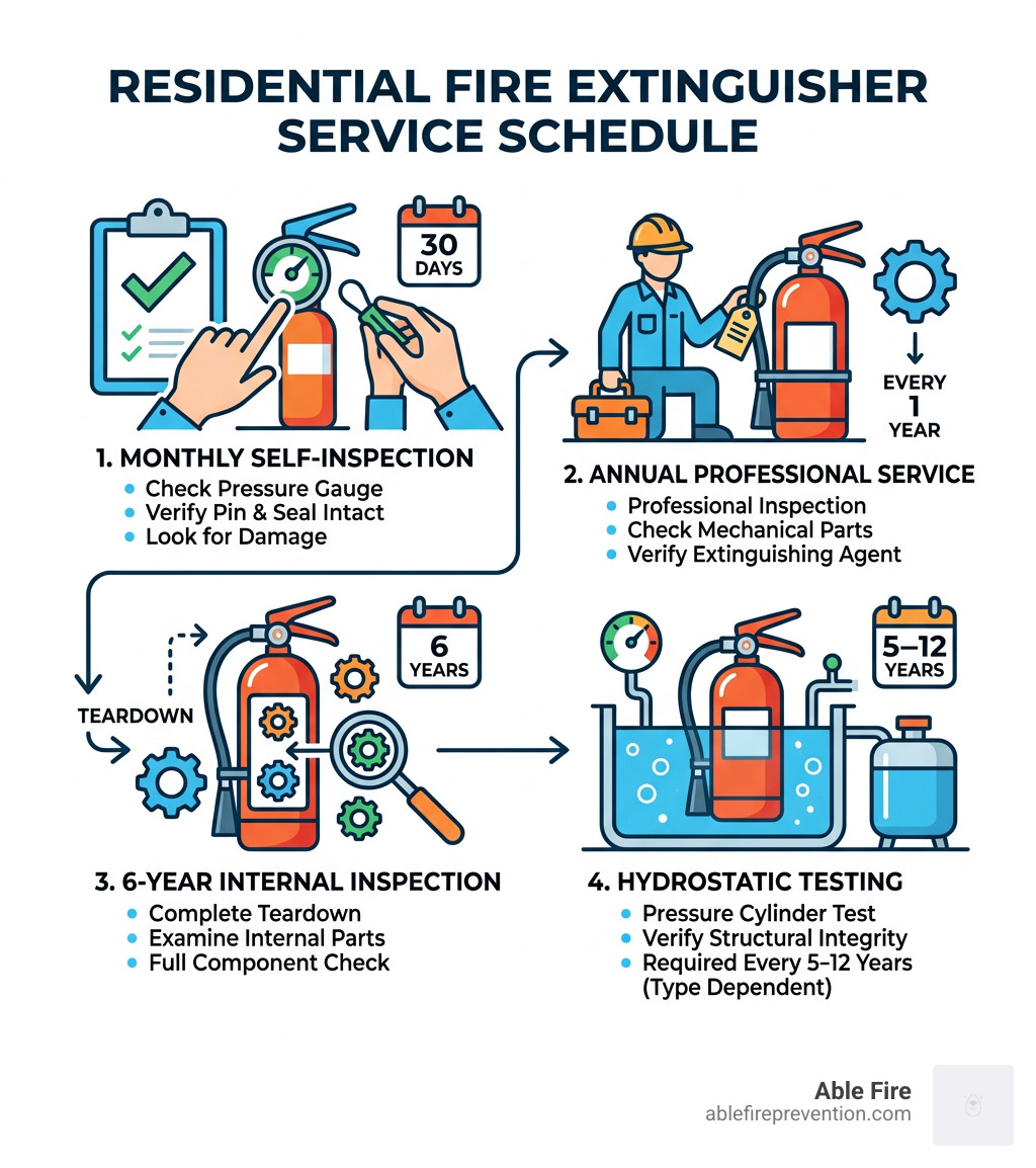 Infographic showing fire extinguisher service schedule: monthly self-inspection, annual pro service, 6-year teardown