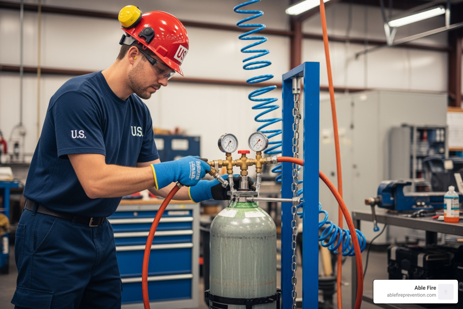 Technician performing a hydrostatic test on a fire extinguisher cylinder - residential fire extinguisher service