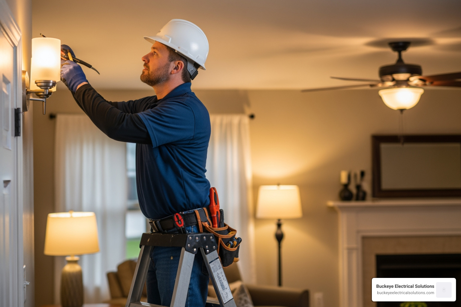 A technician on a ladder investigating flickering interior lights in a Columbus living room - electrical repair columbus ohio A technician on a ladder investigating flickering interior lights in a Columbus living room - electrical repair columbus ohio
