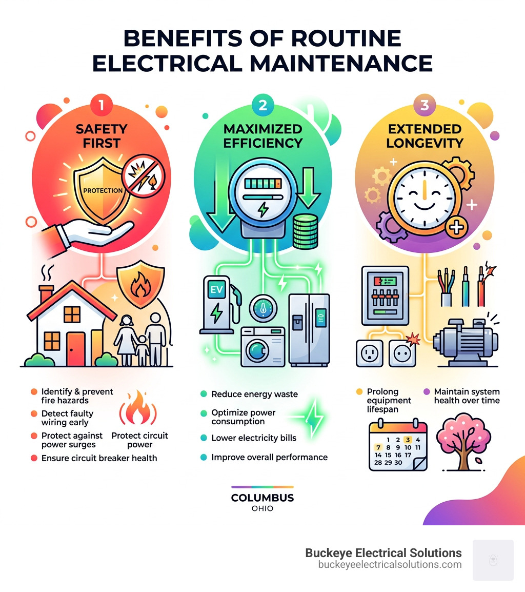 Infographic explaining the benefits of routine electrical maintenance including safety, efficiency, and longevity Infographic explaining the benefits of routine electrical maintenance including safety, efficiency, and longevity