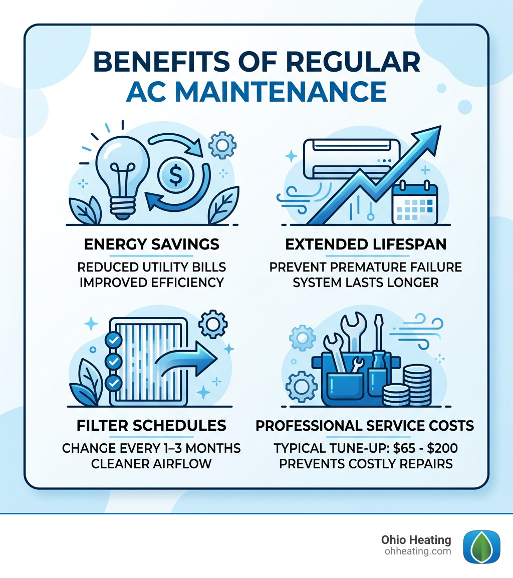 Benefits of regular AC maintenance infographic showing energy savings, lifespan, filter schedules, and service costs - air