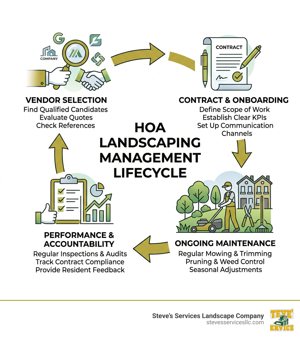 HOA landscaping management lifecycle from vendor selection to maintenance and accountability - hoa landscaper infographic 