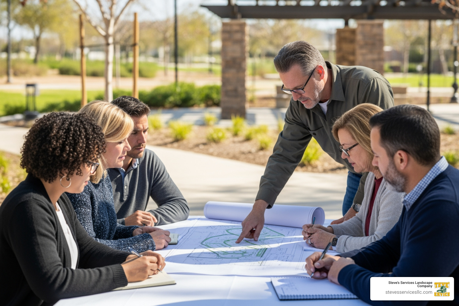 A landscape committee meeting with a professional contractor to review site plans - hoa landscaper