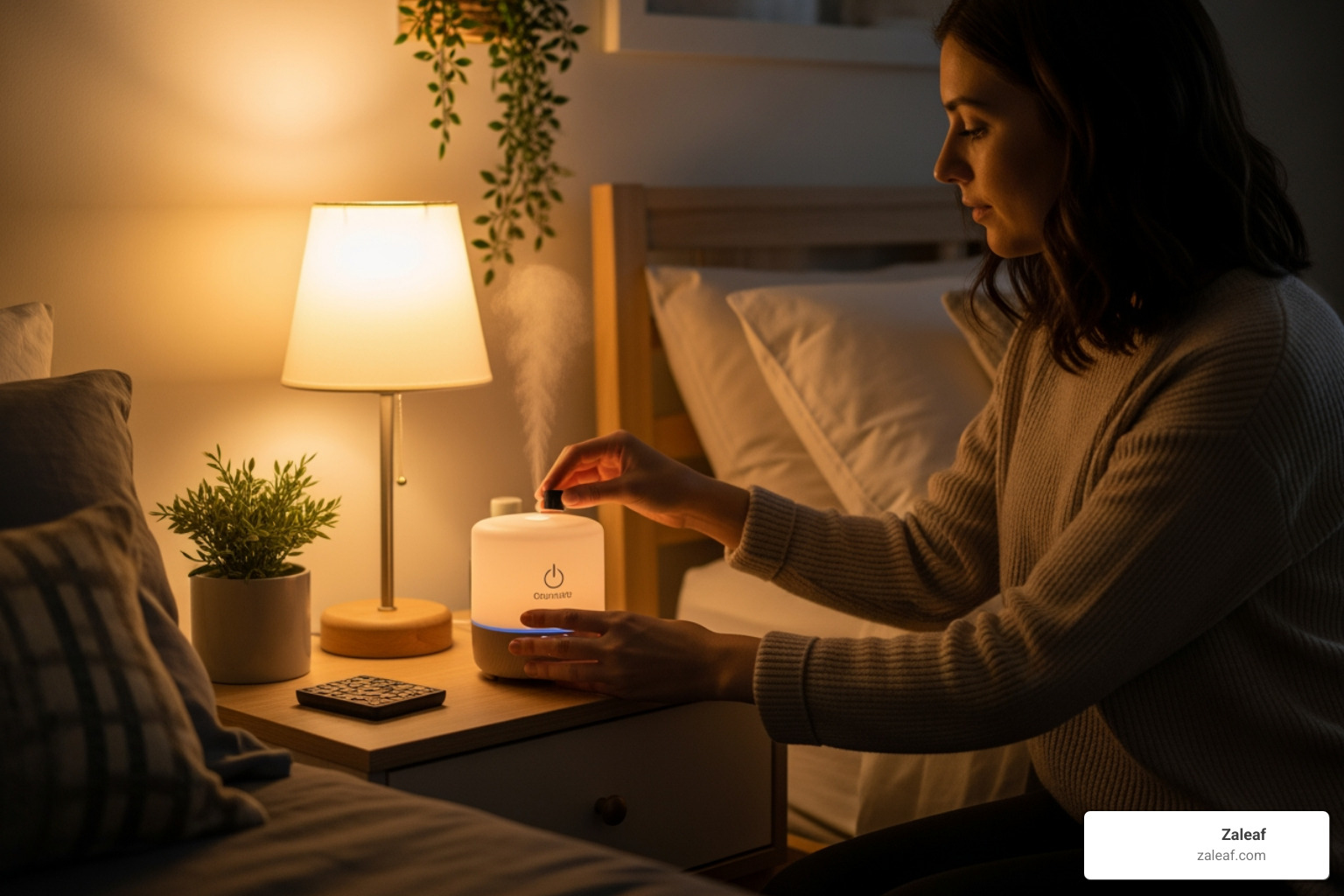 A person setting up an essential oil diffuser next to a bed in a dimly lit room - Deep sleep oil A person setting up an essential oil diffuser next to a bed in a dimly lit room - Deep sleep oil
