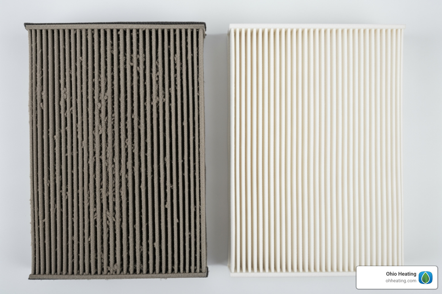 Comparison of a dirty, dust-clogged air filter next to a clean white air filter - air conditioner maintenance and service