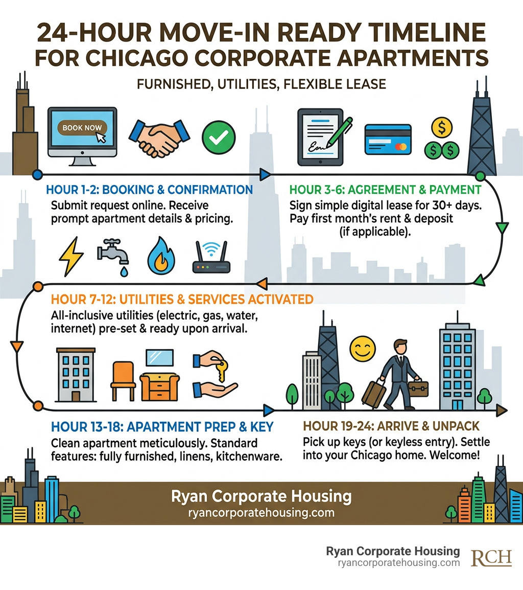 Infographic: 24-hour move-in ready timeline for Chicago corporate apartments — furnished, utilities, flexible lease - move