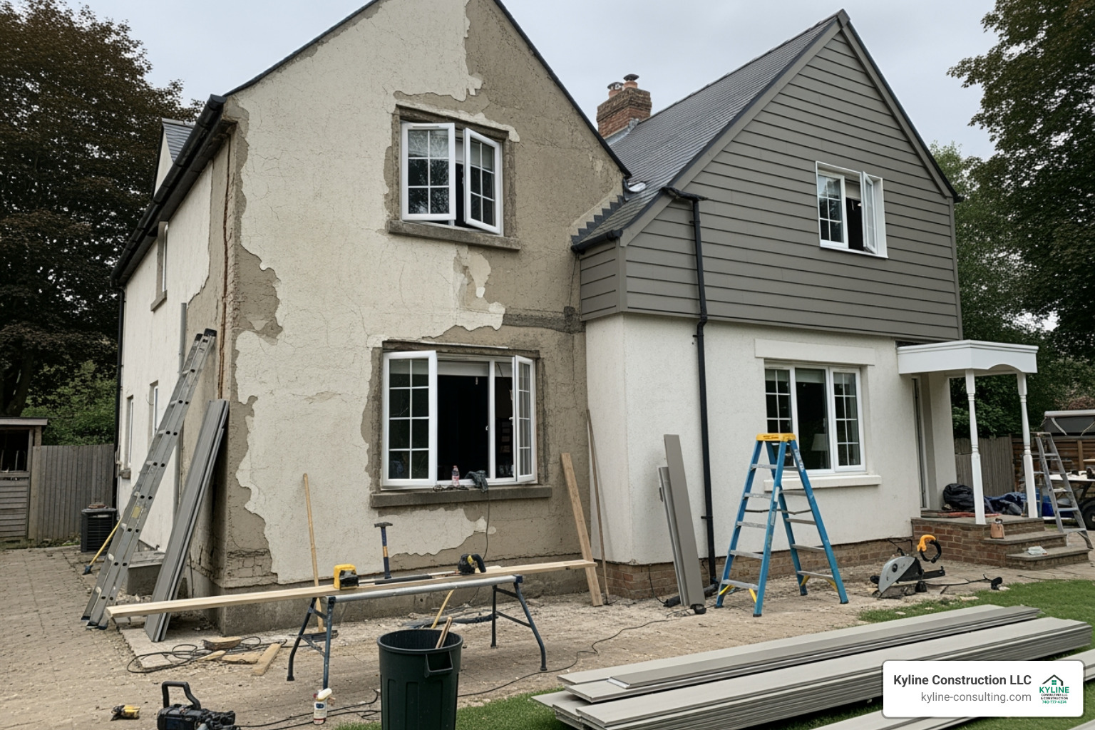 Water-stained and cracked stucco near a window frame showing signs of moisture intrusion - replace stucco with siding Water-stained and cracked stucco near a window frame showing signs of moisture intrusion - replace stucco with siding