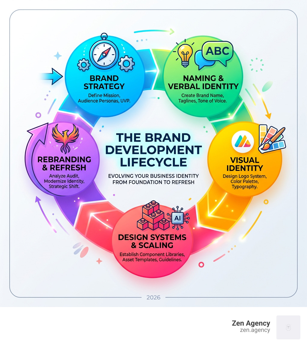 Brand development lifecycle infographic showing strategy, naming, visual identity, design systems, and rebranding stages Brand development lifecycle infographic showing strategy, naming, visual identity, design systems, and rebranding stages