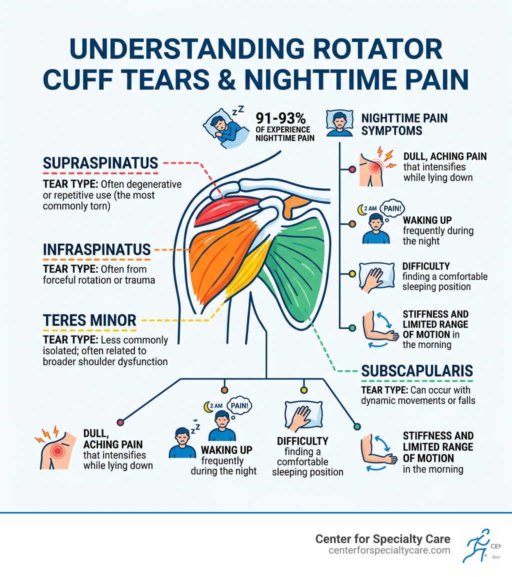 Four rotator cuff muscles labeled with tear types and nighttime pain symptoms - torn rotator cuff pain at night infographic 