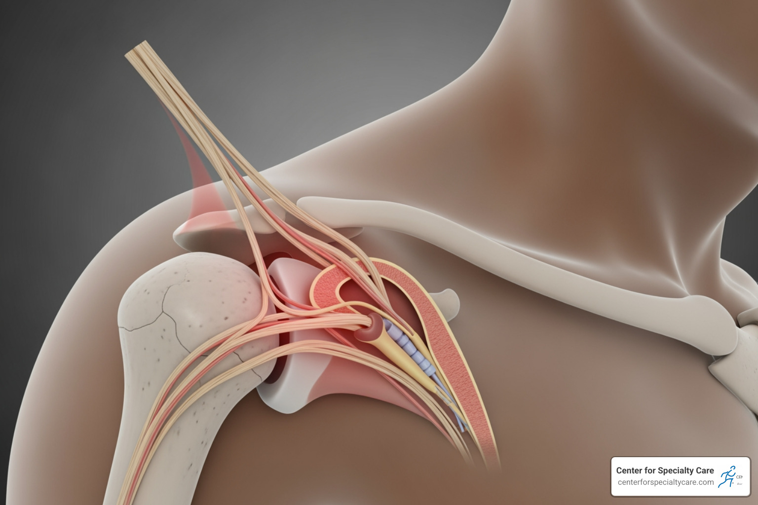 Cross-section of shoulder joint illustrating compression during side sleeping - torn rotator cuff pain at night