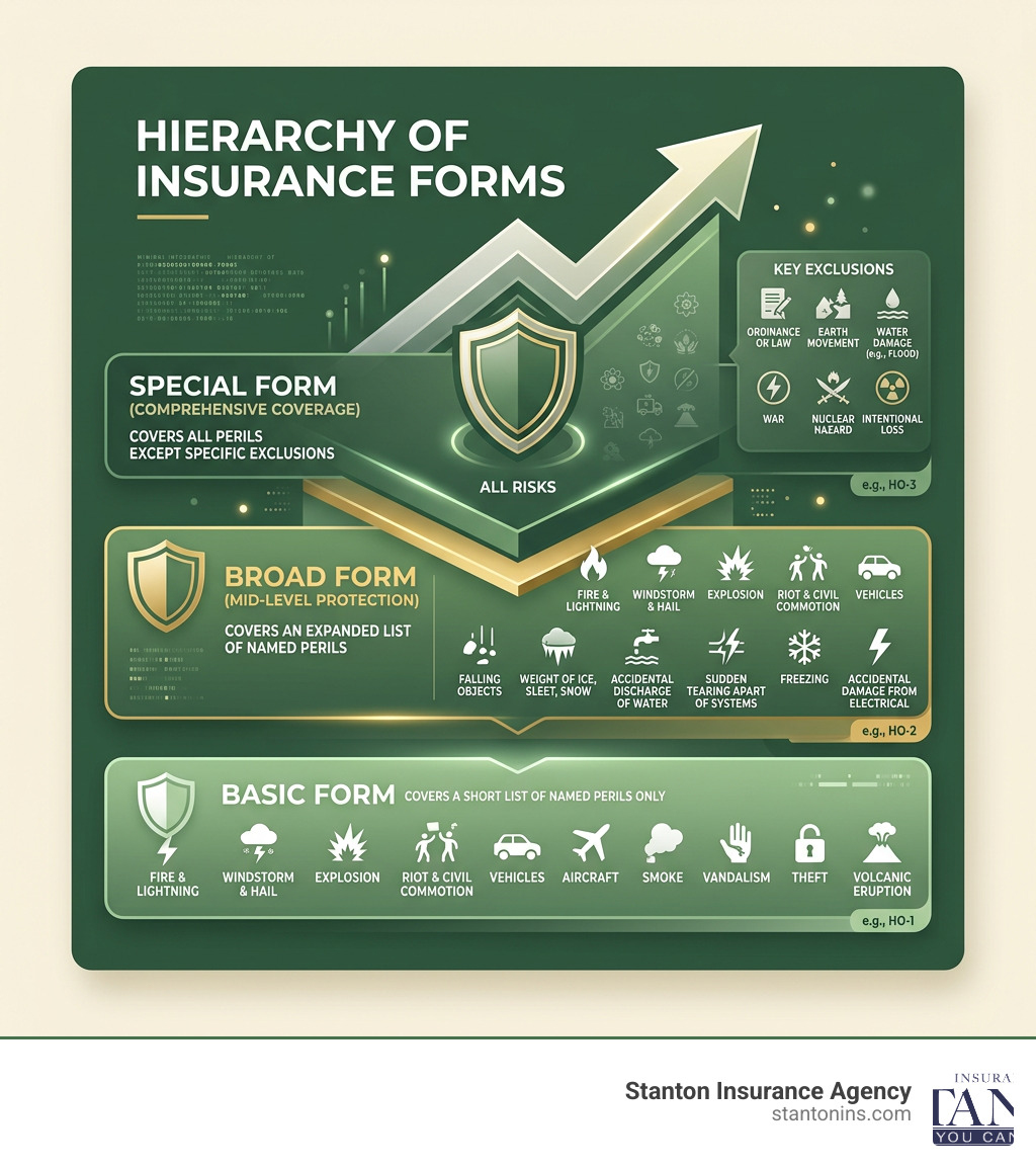 Infographic showing hierarchy of insurance forms from Basic to Special with coverage levels and key perils - broad form Infographic showing hierarchy of insurance forms from Basic to Special with coverage levels and key perils - broad form