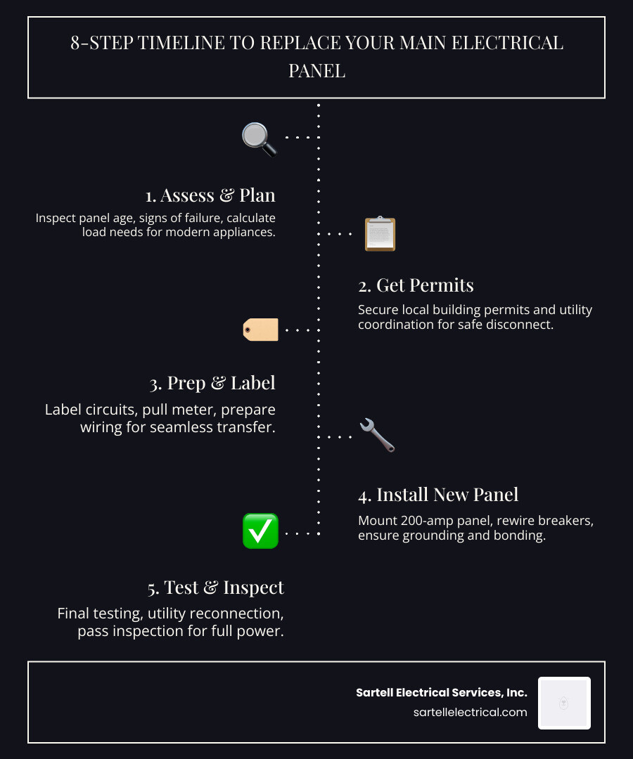 8-step timeline infographic for replacing a main electrical panel from permit to final inspection - Replace main electrical